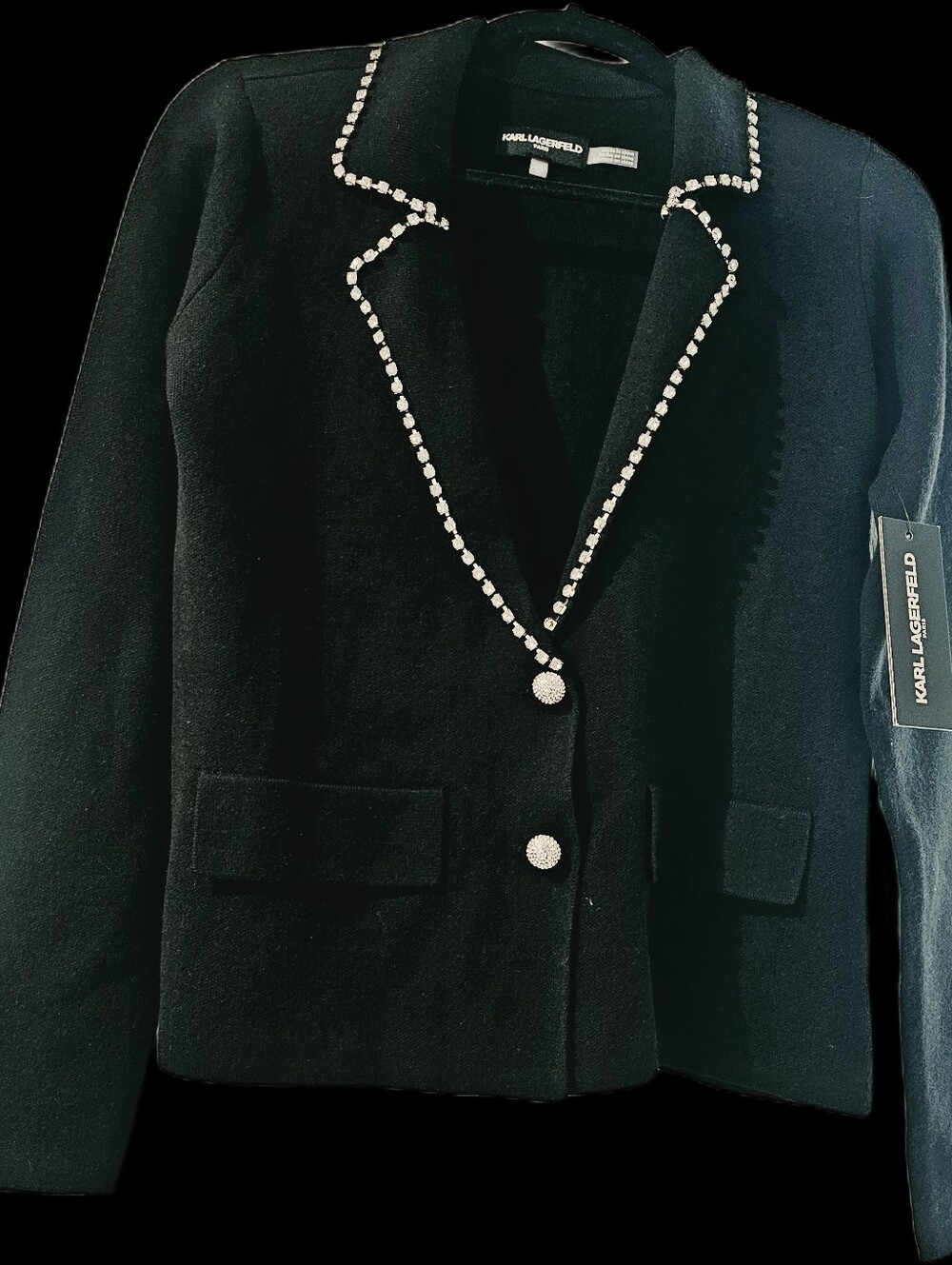 Karl Lagerfeld Black Rhinestone-Trim Wool Blend Blazer- Size XS- Runs Big